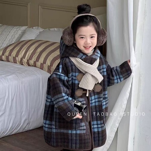 Women's Warm Fleece Hooded Plaid Winter Coat for Kids - New Baby Style Long-Sleeve Integrated Fleece Outerwear