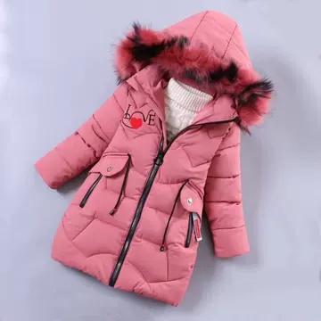 Winter new girls' cotton padded clothes Korean version middle and long children's warm cotton padded clothes with thickened letter color wool collar - ShopShipShake