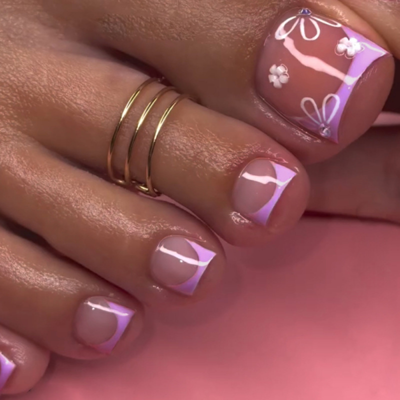 36-piece French-style purple-edged rhinestone press-on toenails, nude pink hand-painted small flower detachable fake toenails 36-piece French-style purple-edged rhinestone press-on toenails, nude pink hand-painted small flower detachable fake toenails