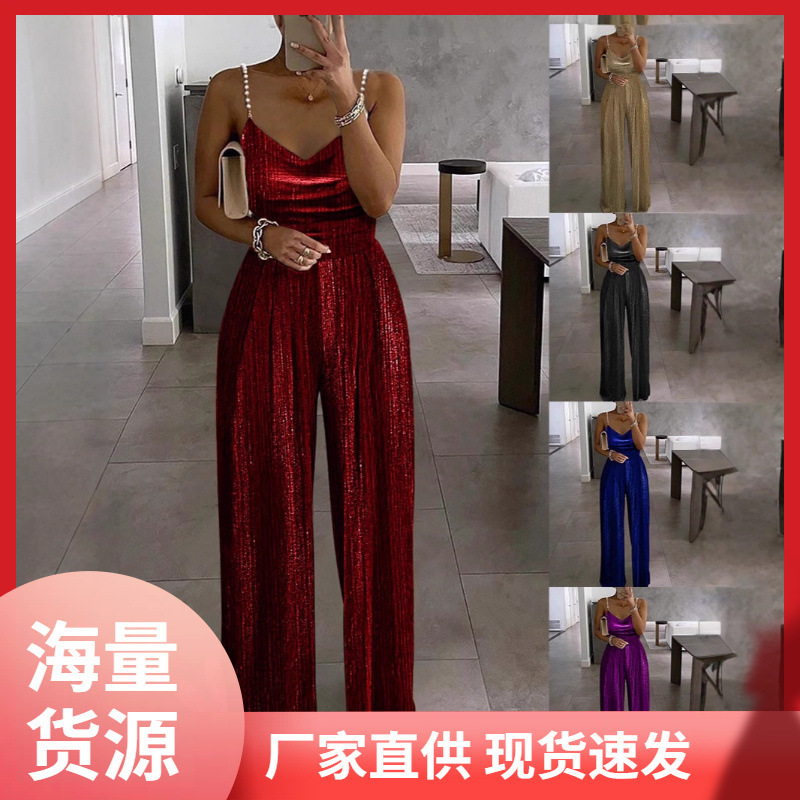 2025 Spring and Summer New Cross-Border European and American Clothing Wish Wide-Leg Pants Waist Dress Elegant Suspender Bead Jumpsuit 2025 Spring and Summer New Cross-Border European and American Clothing Wish Wide-Leg Pants Waist Dress Elegant Suspender Bead Jumpsuit
