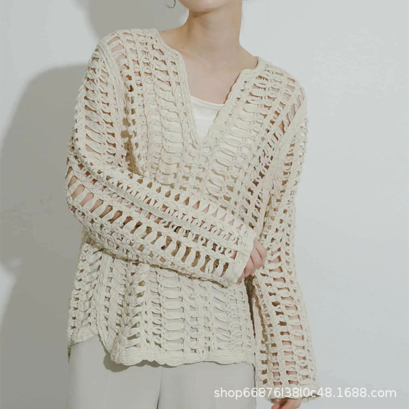 Spring and Summer Loose Hollow Turtleneck V-neck Sweater Top Women's Perspective Twisted Rope Thick Needle hook Fishing Net Long-sleeved Sweater