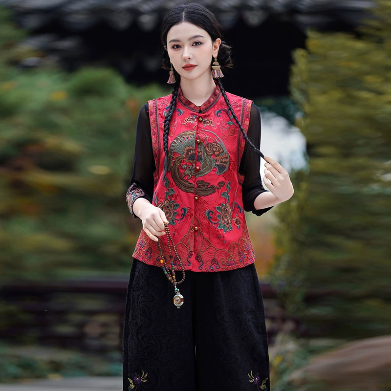 2025 новый стиль женская этническая вышивка стиль жилетка жилетка с короткими плечами и жаккардовый топ ретро пиджак жилет