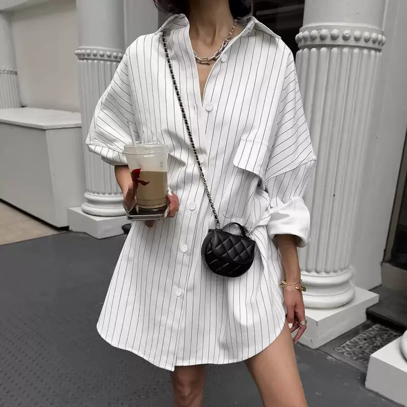 欧美跨境新独立站款中长款廓形宽松显瘦松弛慵懒风长袖衬衣上衣