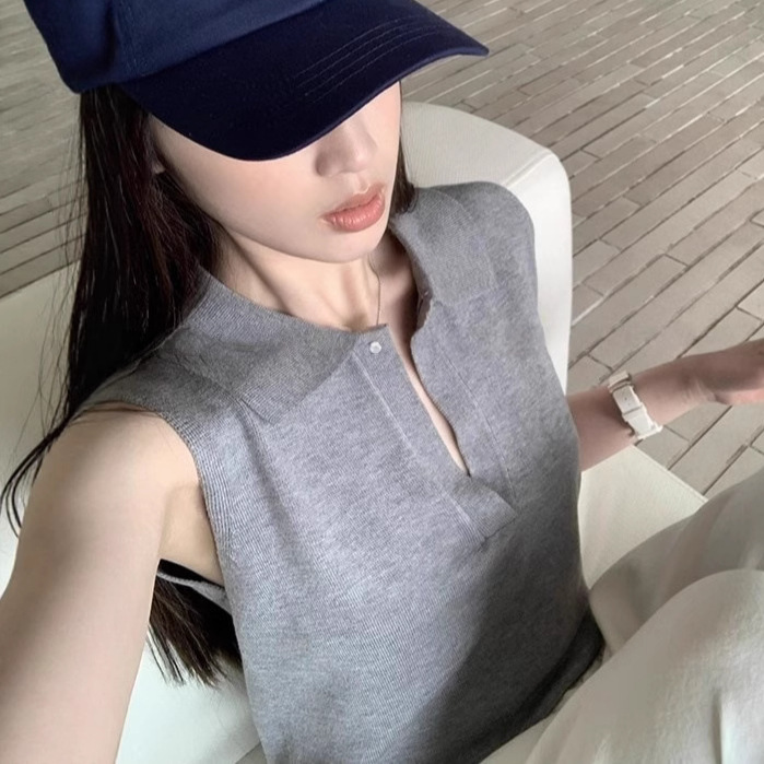 New York Times Mercerized Wool Old Money Vest Women's Polo Collar Sleeveless Top Casual Gray Short Sleeves New York Times Mercerized Wool Old Money Vest Women's Polo Collar Sleeveless Top Casual Gray Short Sleeves