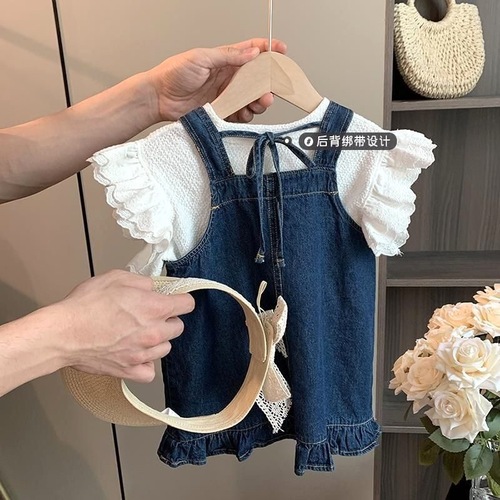 Girls' denim overalls 2025 summer thin denim skirt set for little girls trendy