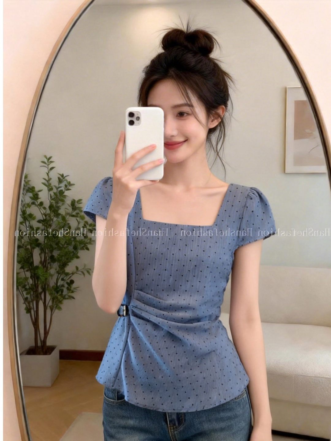 Áo sơ mi ngắn tay nữ cổ vuông thiết kế kiểu Pháp, họa tiết chấm bi, eo thắt dây tôn dáng — xanh lam chi tiết 1