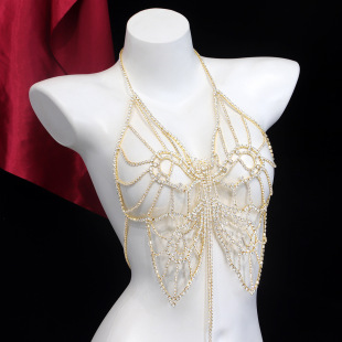 Luxury Heavy Industry Full Diamond Body Chain European and American Fashion Exaggerated Rhinestone Butterfly Design Chest Chain Dress Decorative Chest Chain