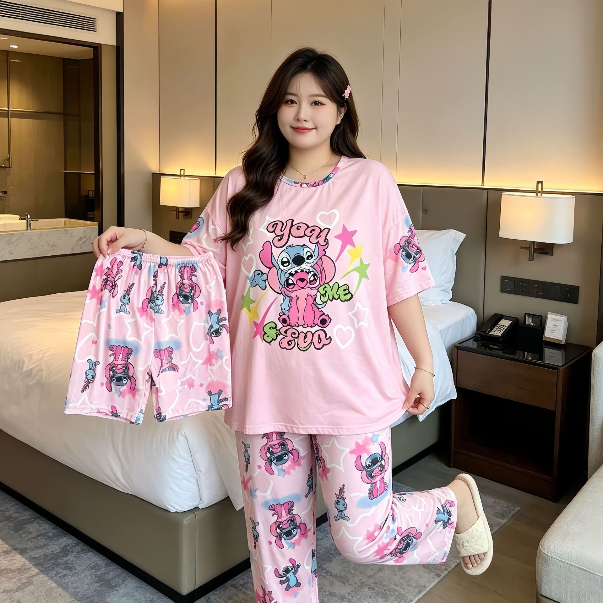 睡衣女三件套卡通爆款加肥宽松甜美睡衣大码家居服外贸家居服套装