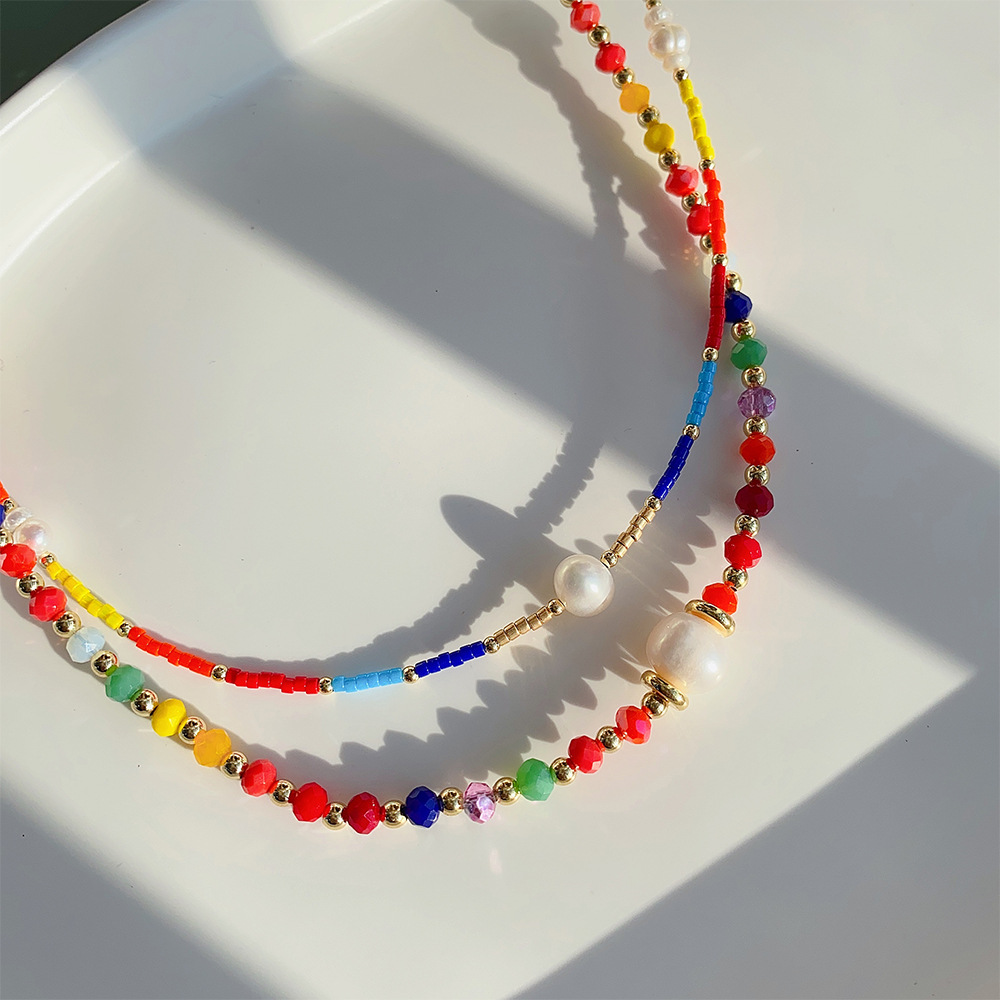 Sweet Geometric Crystal Glass Pearl Beaded Womenu0027S Necklace