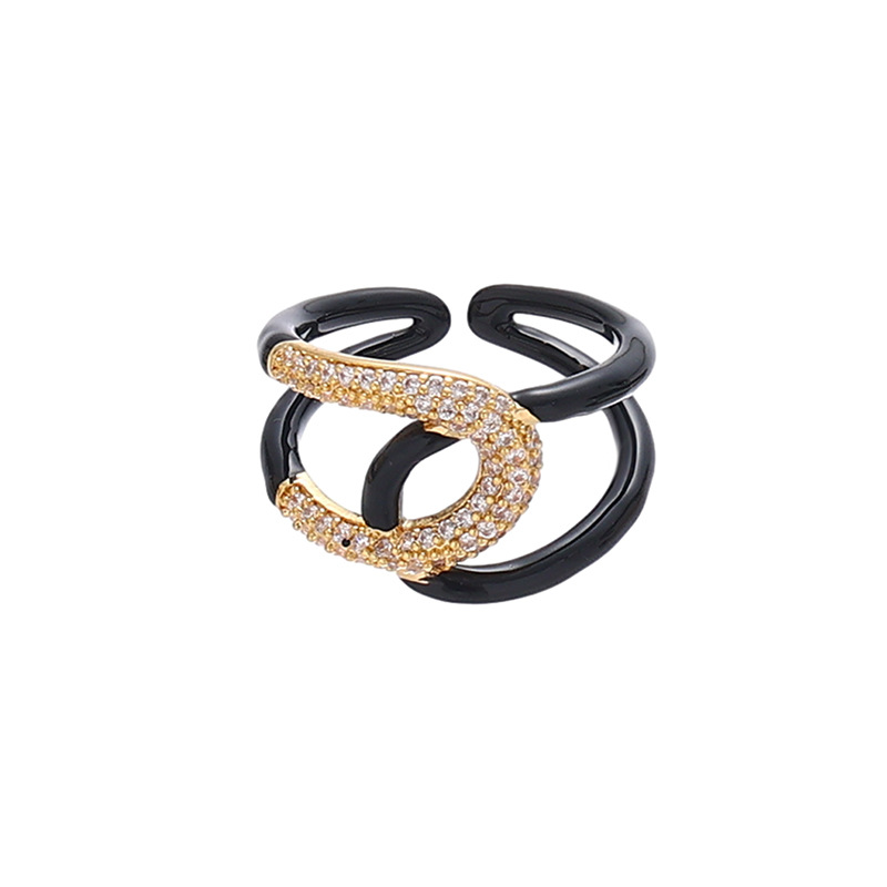 Moda retro europea y americana de latón galvanizado oro real de alta calidad gota de aceite anillo abierto diseño personalizado anillo negro para las mujeres