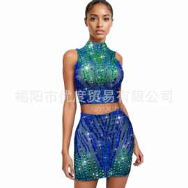 blingbling水钻背心短裙性感网纱套装欧美派对歌手舞蹈演出蓝流云