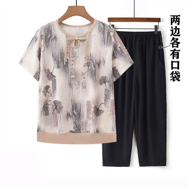 Летний костюм для бабушки 2025, новая одежда для мам с короткими рукавами для пожилых, двухсоставной тонкий комплект для женщин среднего и пожилого возраста.