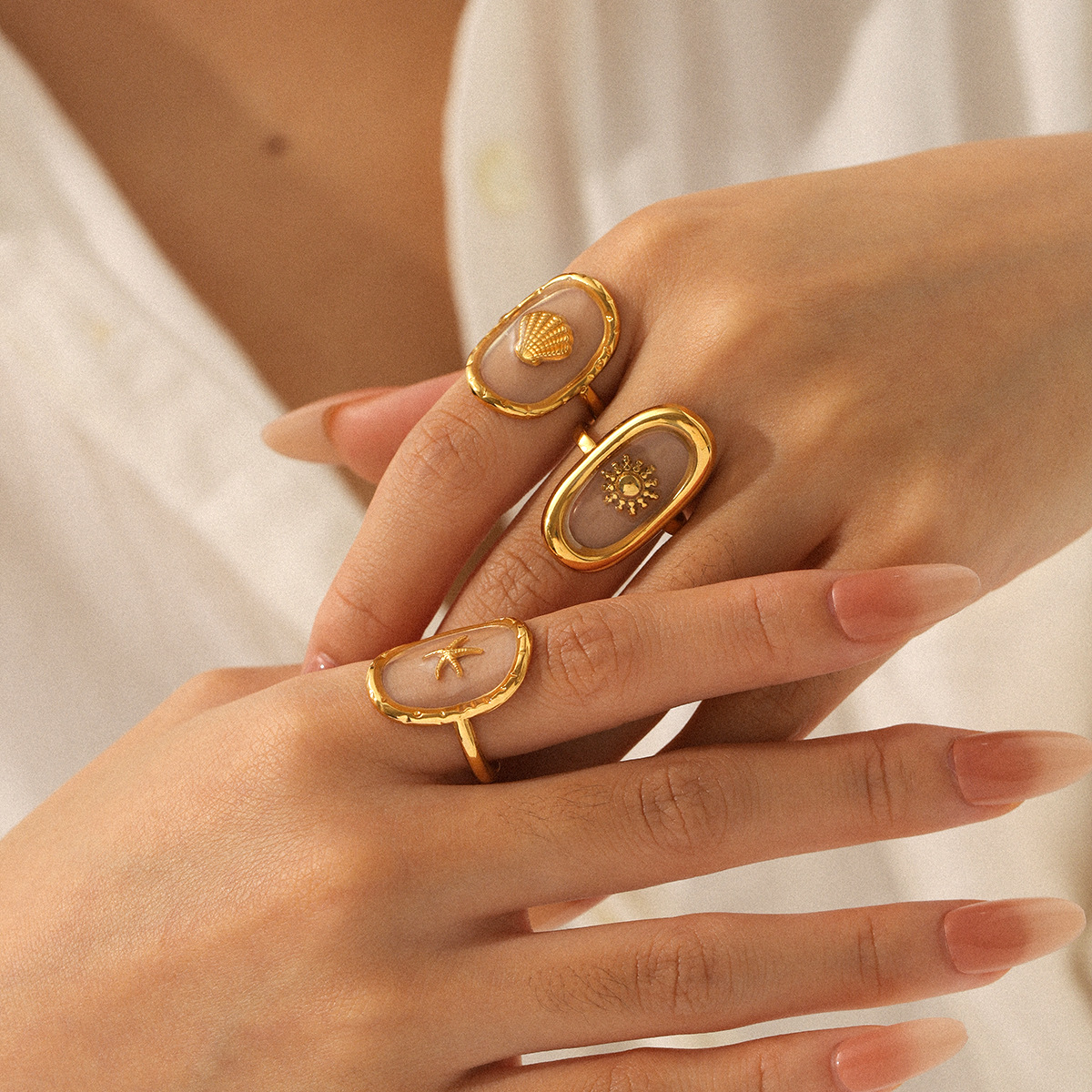 European and American Stainless Steel Shell Ring, Vacation Style Jewelry, Starfish Sun Open Ring for Women, Non-Fading Titanium Steel Jewelry