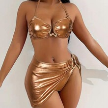 欧美性感定制外贸三件套比基尼裙式分体泳衣金属镂空游泳装女跨境