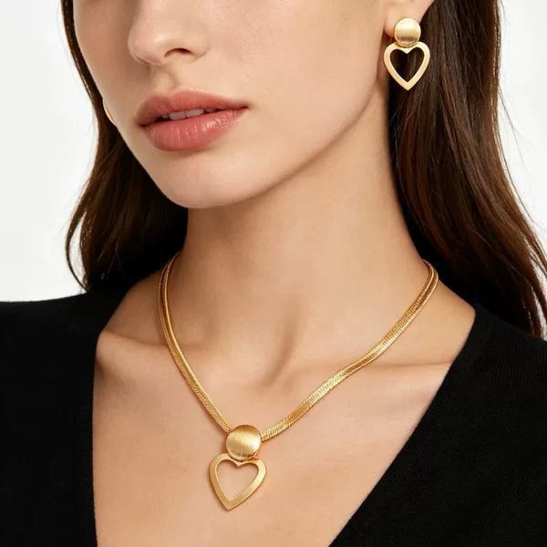 European and American Cross-Border Elegant Geometric Heart-Shaped Pendant Necklace and Earrings Jewelry Set, French Vintage Jewelry Set