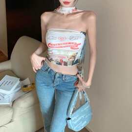 JFL6618欧美外贸辣妹印花无肩带抹胸背心女修身网纱小众内搭上衣