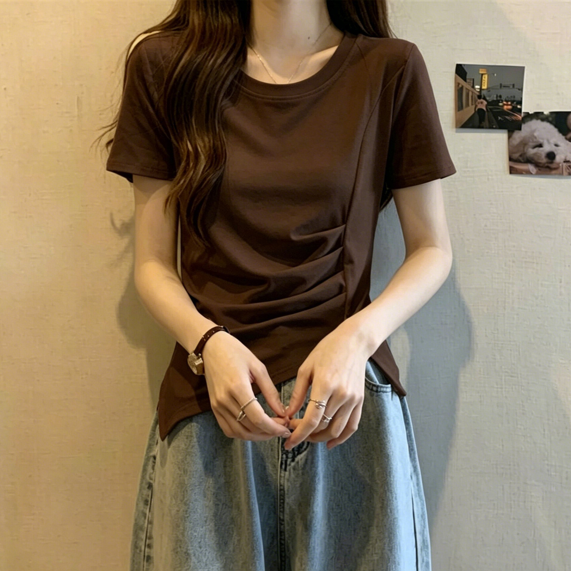 Purely Sexy Ruched Short Round-Neck Irregular Shoulder Short-Sleeve T-Shirt for Women, Summer Fashion Base Top for Hot Girls
