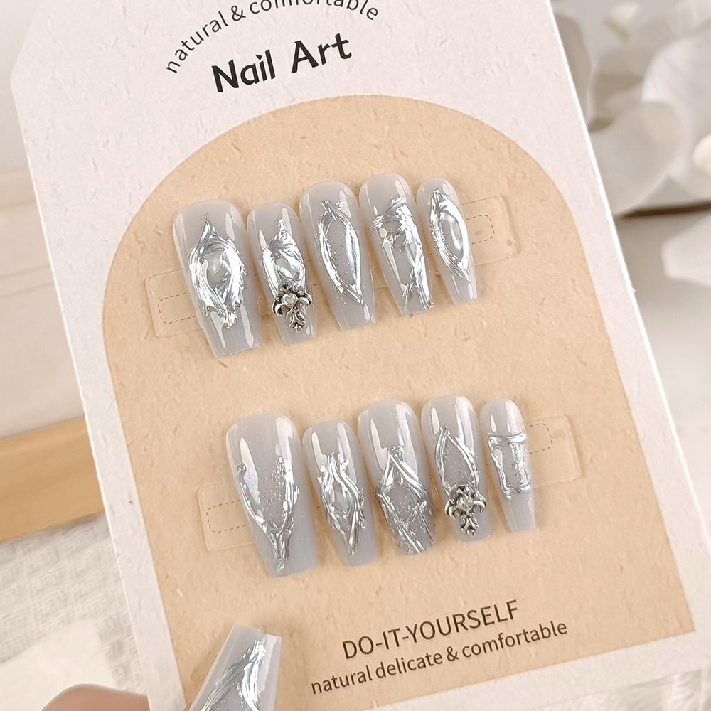 10 piezas decodificadas plata en relieve de manicuría de uñas de barco de martillo taladro parche de uñas de polvo brillante de fototerapia hecha a mano con uñas