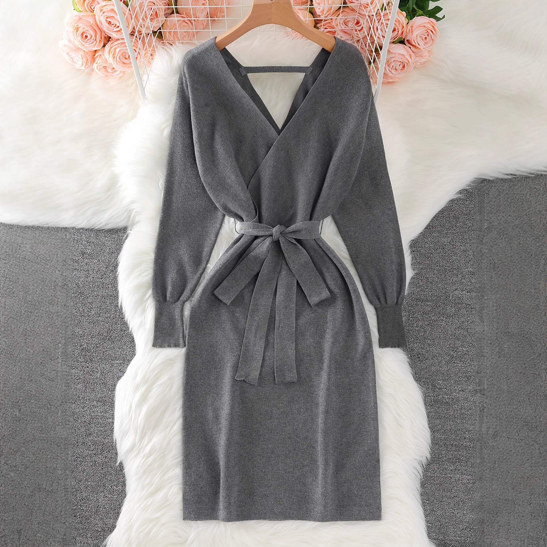 Women's Solid Color Knitted Dress With Bow Belt V Neck Long Sleeve Fashion_voghion.com