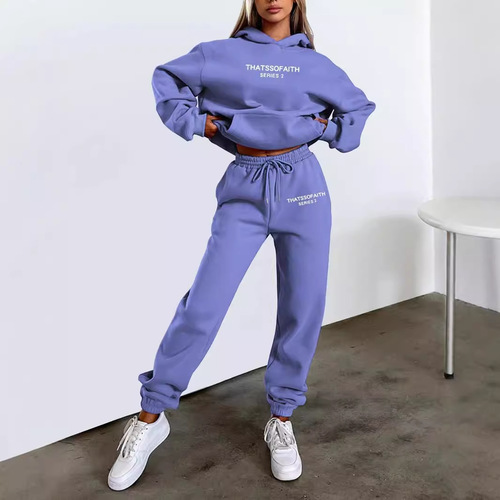 Cross-border Amazon Bestseller Women's Fashion Casual Brushed Pants Set with Letter-print Hoodie for Europe and the U.S.