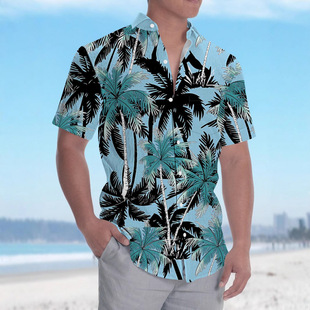 Hot Selling Cross-Border 3D Printed Hawaiian Men's Vacation Seaside Shirt with Picture Design Popular Lapel Short-Sleeved Shirt