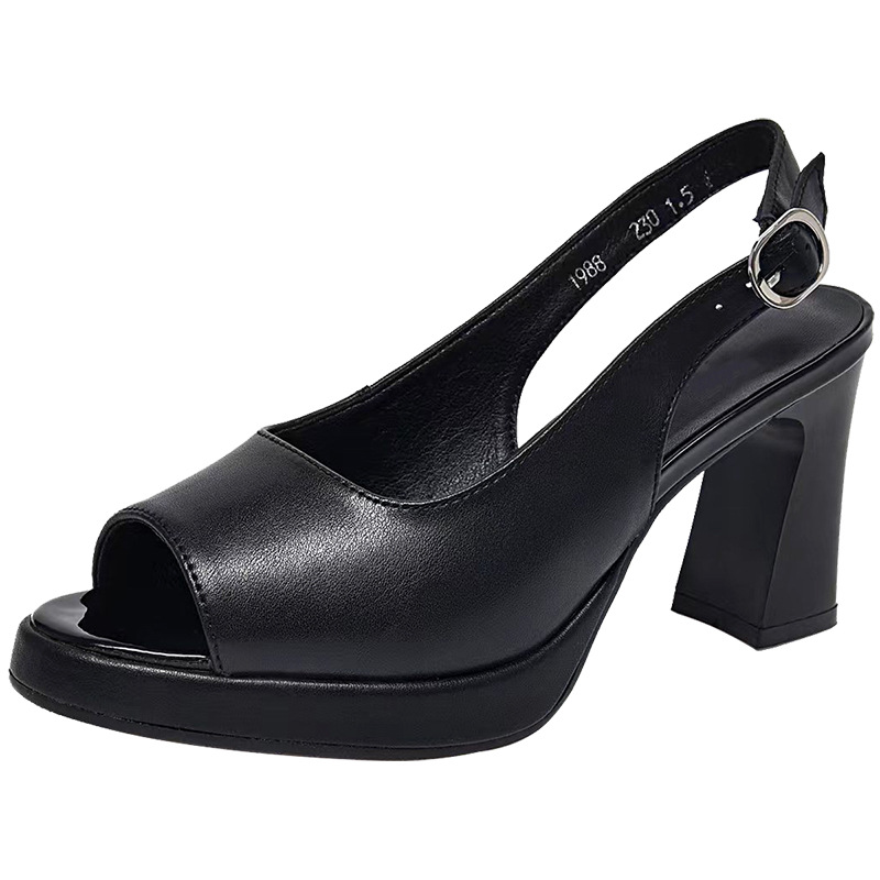 Sandal quai ngang nữ mùa hè da thật gót wedge đế dày phong cách La Mã — Màu đen