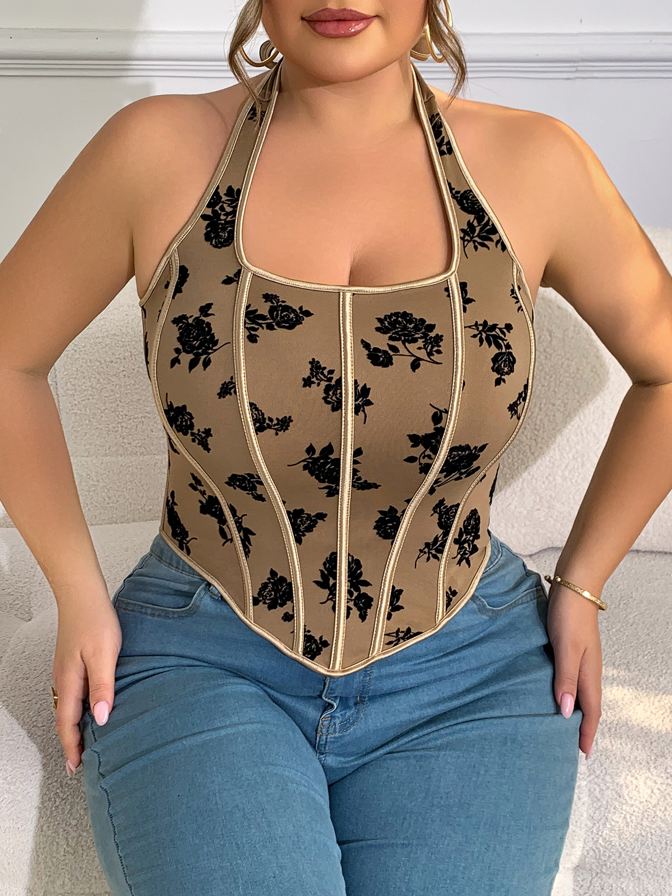 Tops top de tirantes con cuello halter estampado retro marrón sexy de talla grande MM para mujer, nuevo chaleco europeo y americano transfronterizo