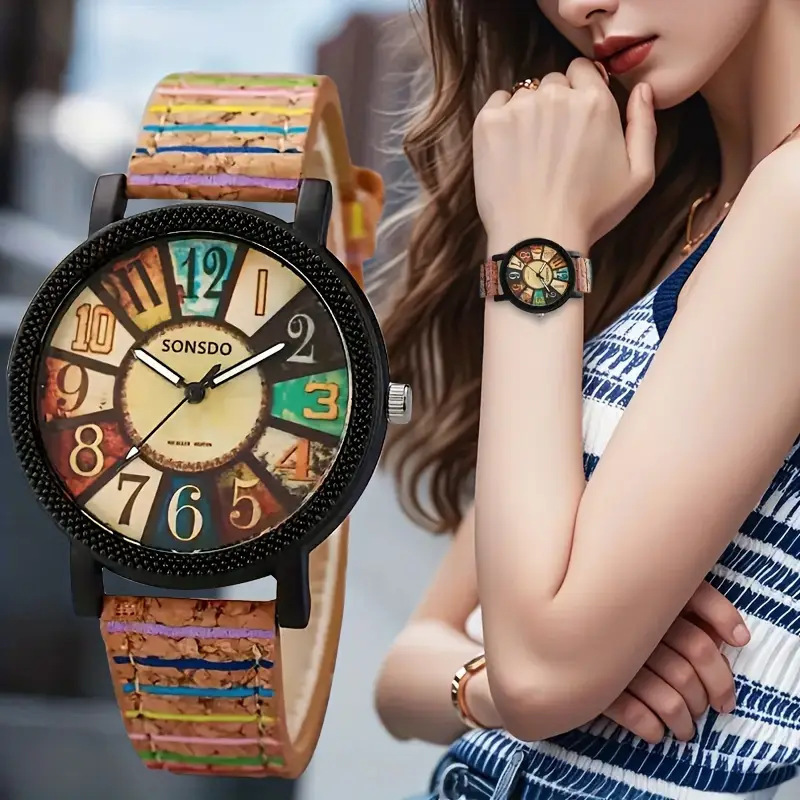 Foreign Trade Cross-Border New Women's Watch Student Wristwatch Wood Grain Dial Retro Striped Leather Strap in Stock Wholesale