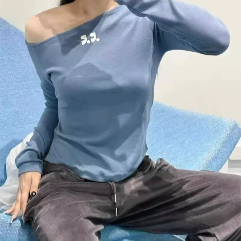 Пятно корейская женская одежда с принтом RR косыми плечами с длинными рукавами