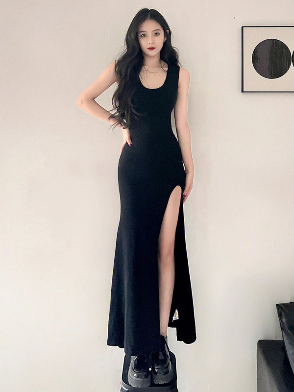 セクシーな純粋な欲望甘いホットガール黒サスペンダードレス女性の夏スリムスリットヒップカバーベストロングスカート|undefined