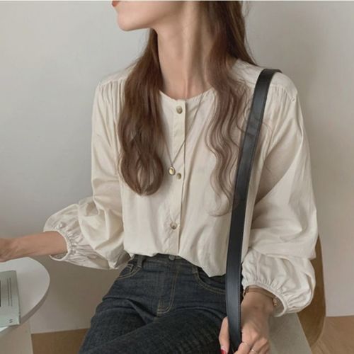 Women's Long Sleeve Shirts for Autumn/Winter 2025 Retro Stylish Casual T-shirts with Round Neck Loose Student Top Trendy