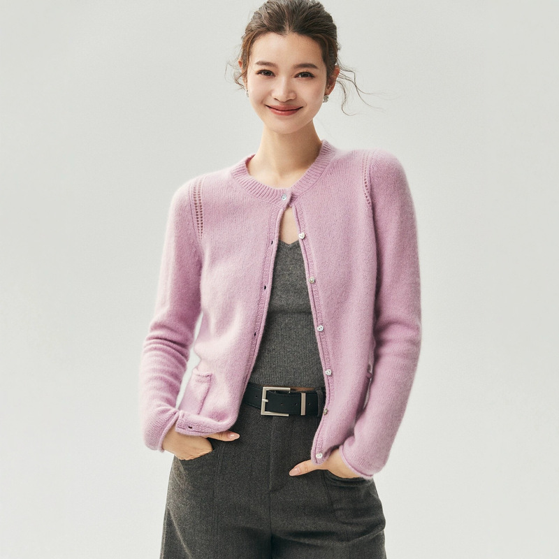 Kangbaolai yarn! 25% mulberry silk, 75% cashmere knitted cardigan, women's round-neck, slimming sweater with pockets