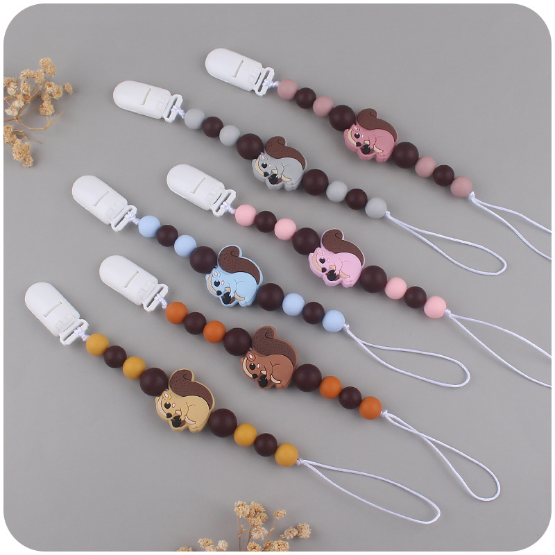 Nuevo bebé suministros de dibujos animados ardilla mordedor creativo bebé lindo silicona mordedura pezón cadena anti-caída cadena