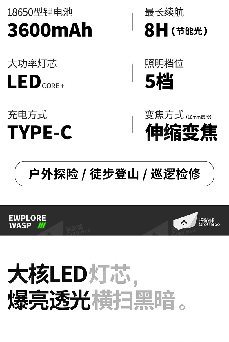 Pathfinder Bee X11 Strong Light Flashlight Ultra-Long Battery Life Rechargeable Outdoor Portable Zoom Multi-Function Flashlight