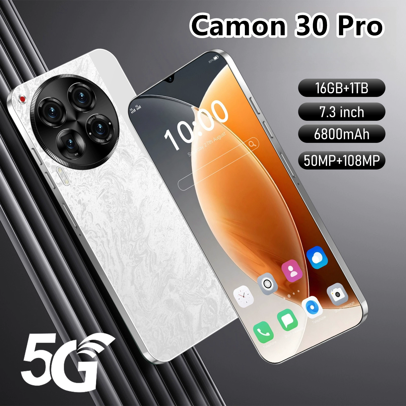 New Camon 30 Pro Cross-Border Smartphone 6,8-дюйма, 50МП+108МП квадрокамеры, глобальный 5G, 128GB-1TB