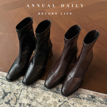 工厂直发~粗高跟短靴2025秋冬羊皮法式复古瘦瘦靴女小方头弹力靴