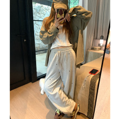美式灰色松紧腰抽绳印花束脚休闲卫裤女秋冬小个子星星宽松长裤子