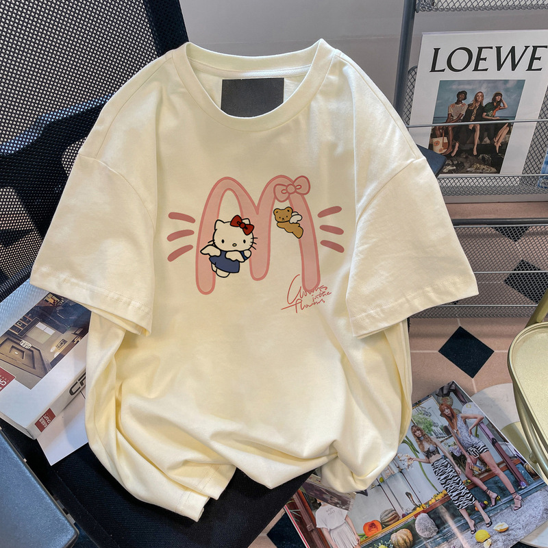 apricot Japanese Style College Style Kitty Cat Short-sleeved T-shirt Women's Summer Loose Slimming Cute All-match Half-sleeved Top apricot Japanese Style College Style Kitty Cat Short-sleeved T-shirt Women's Summer Loose Slimming Cute All-match Half-sleeved Top