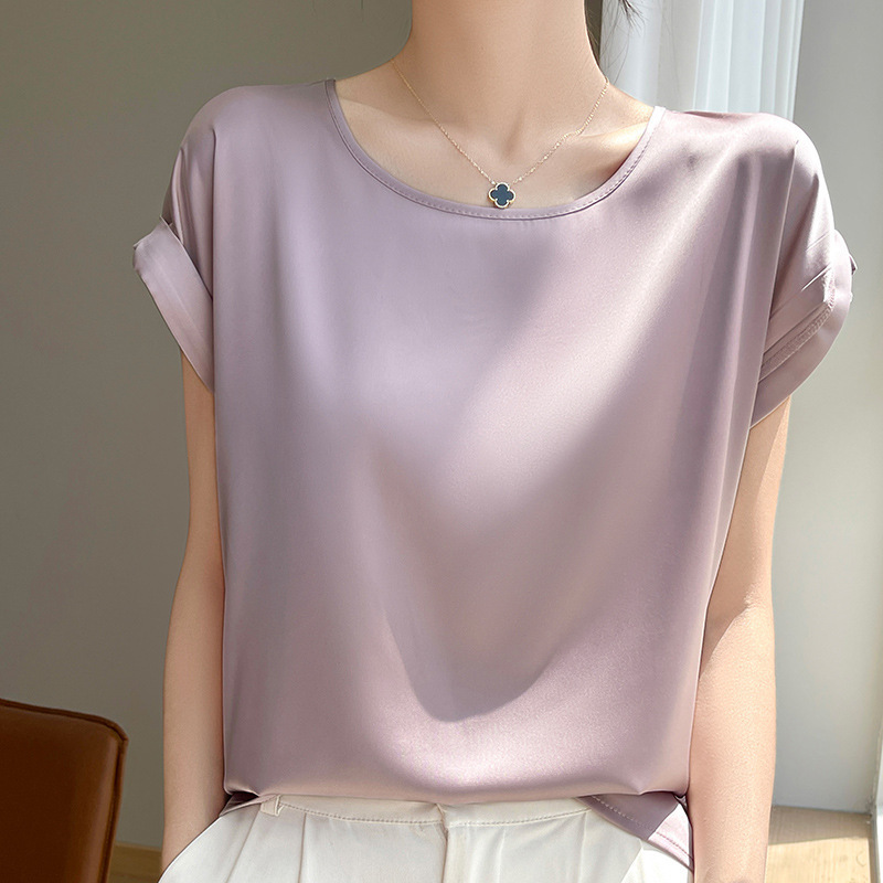 French-Style Simple Elegant Round Neck Short-Sleeve Shirt for Women, Unique Design, New Summer Satin Loose Versatile T-Shirt