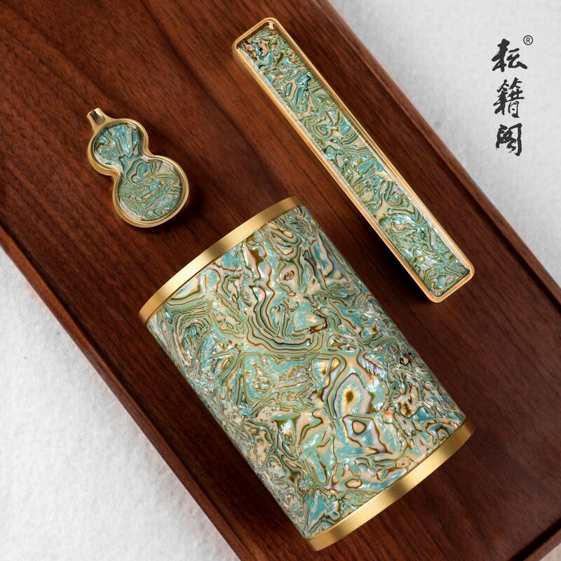 毛笔笔筒收纳盒螺钿黄铜金属笔筒创意高级感文房四宝桌面摆件笔筒|undefined