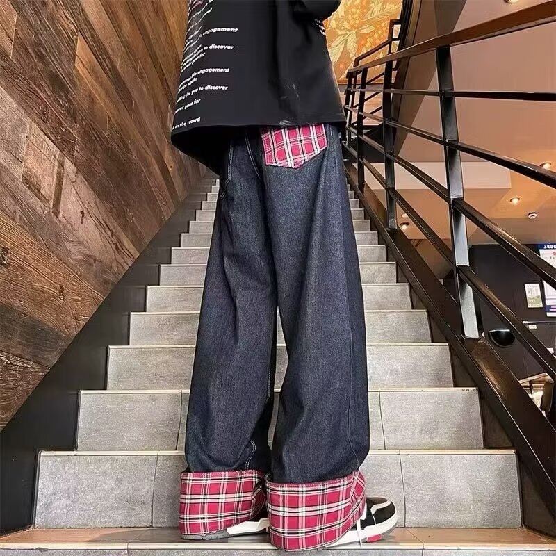 American-style Fried Street Red Plaid Stitching Curl Jeans Men's and Women's Niche Retro Wide-leg Straight Trousers Men's