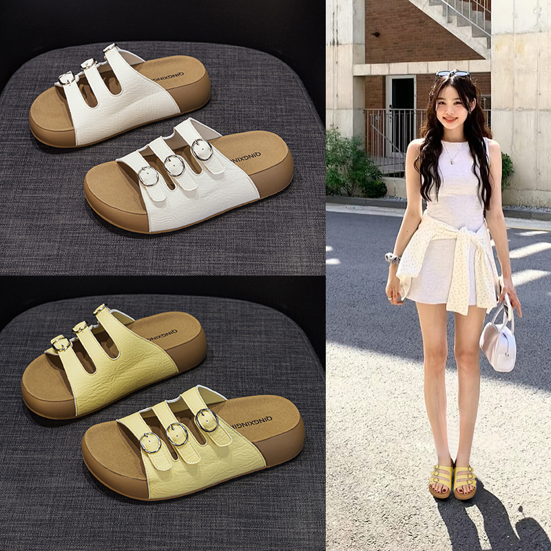 Korean Style Three-Breasted Thick-Soled Slippers for Women 2025 Summer New Outer Wear Casual Versatile Beach Shoes Non-Slip Women's Slippers