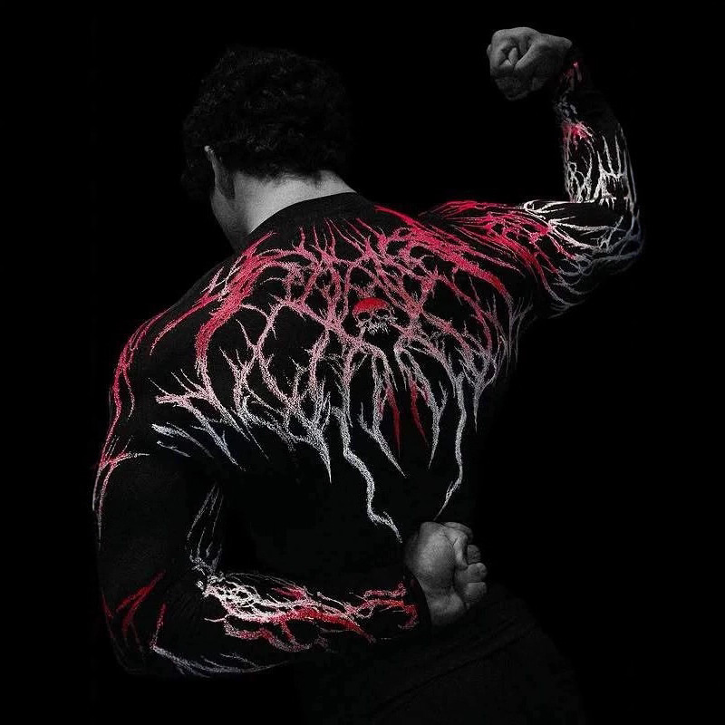 Breathedivinity Fitness Long-Sleeved Men's Autumn and Winter Elastic Quick-Drying Bottoming Shirt Skull Stripesd Printed T-Shirt