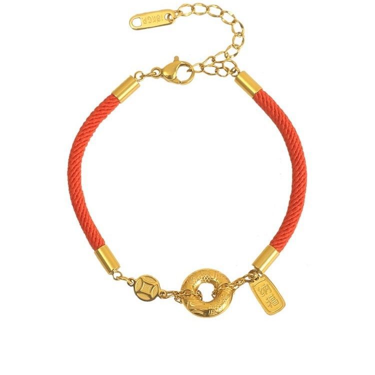 Pulsera de Acero de Titanio con Moneda de Cobre, Estilo Nuevo, Lujo Ligero, Hilo Rojo de la Fortuna, para Mujer, Pulsera Festiva Simple con Moneda Dorada.