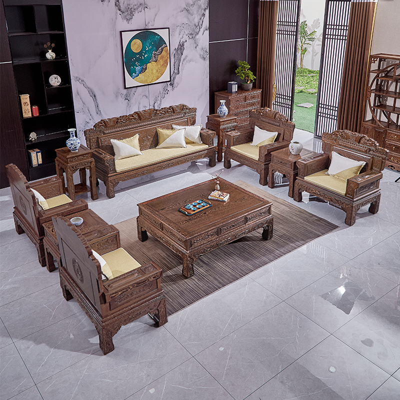 ♔ Furniture Living Room Six-Piece Set Combination for Large Villas, Chinese Classical Style Solid Wood Chicken Wing Wood Sofa, Ten Pieces