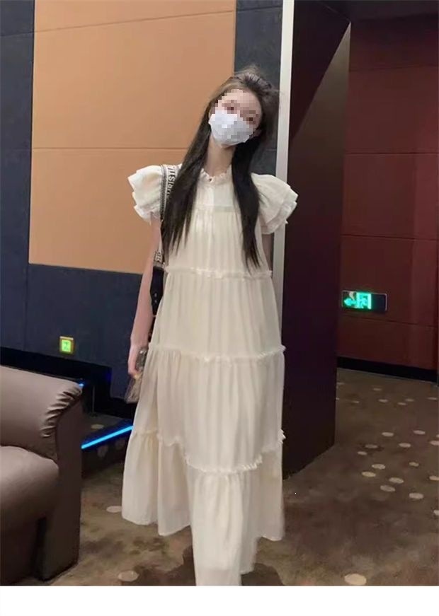 Đầm nữ tay phồng nhẹ suông rộng dáng midi phong cách ngọt ngào xuân hè 2026 — Màu hạnh nhạt chi tiết 6