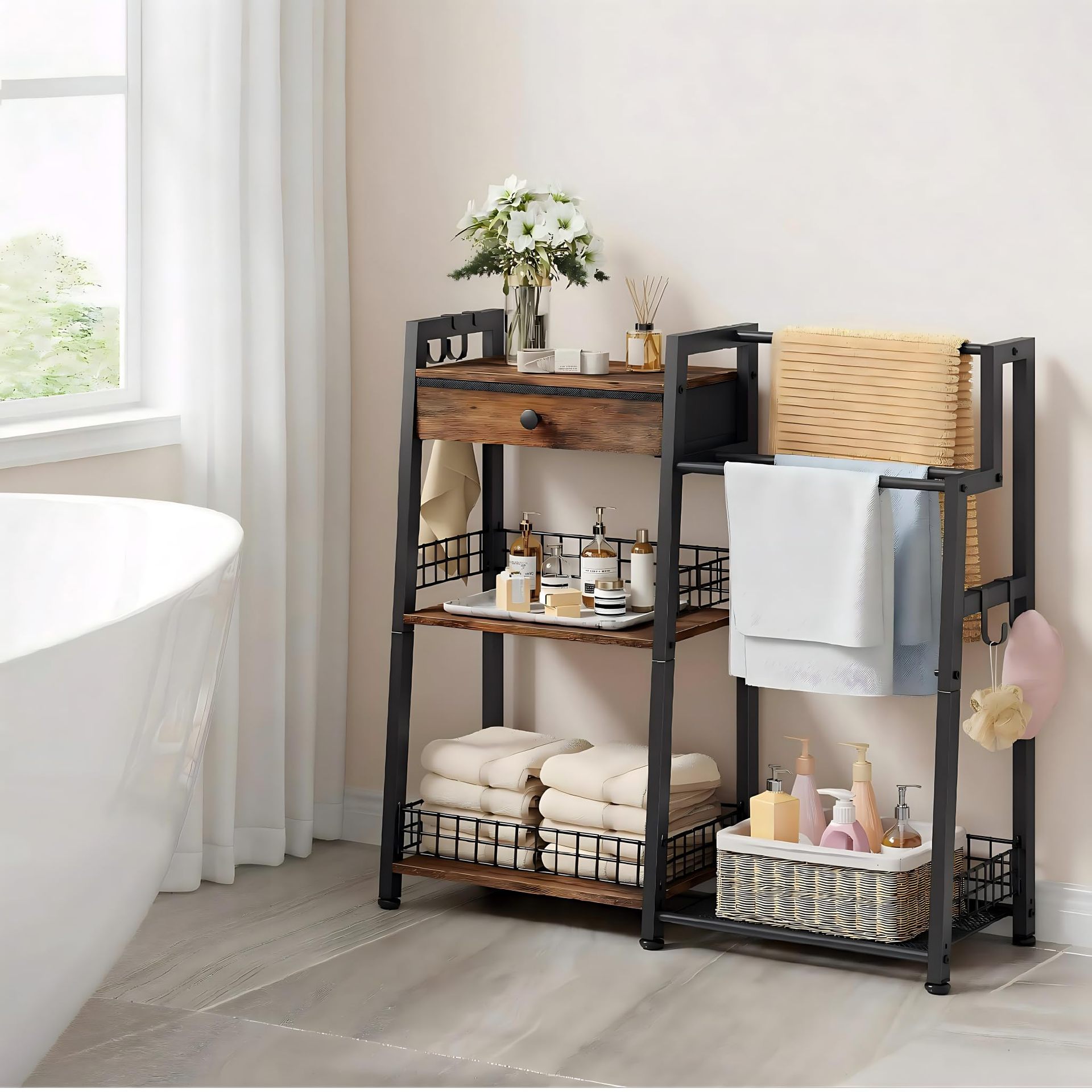 4-Tier Bathroom Ladder Shelf with Drawers, Bathroom Floor Storage Rack, Freestanding Tower Shelf, Living Room Bedroom Ladder Bookshelf