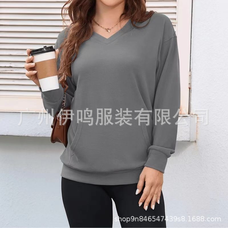 纯色V领宽松卫衣女秋冬新款长袖上衣大码休闲外套|undefined