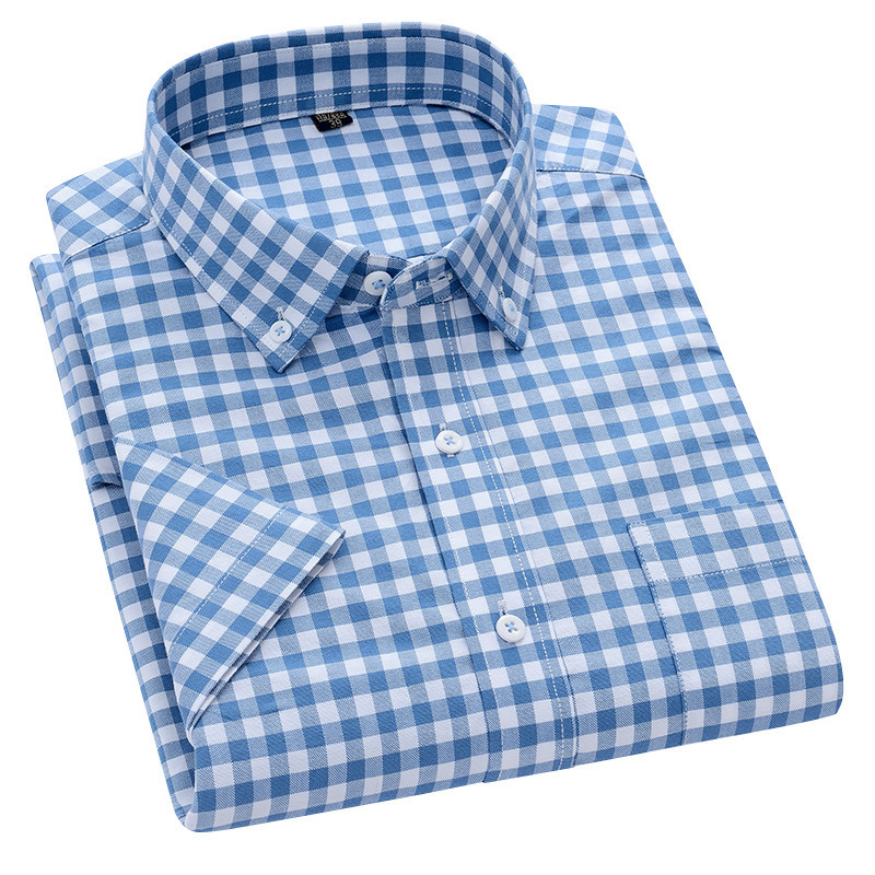 New Summer New Short-sleeved Cotton Oxford Shirt Men's Bacteriostatic Pocket Casual Business Plaid Shirt Men's