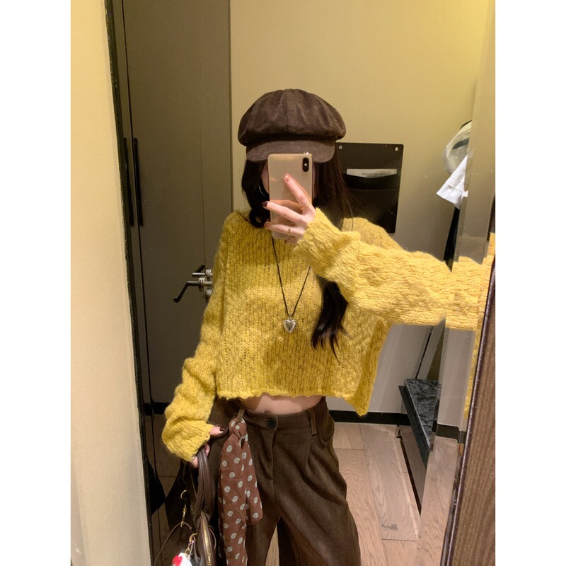 实拍 黄色复古长袖套头毛衣女秋季新款宽松慵懒风针织衫上衣88855|undefined